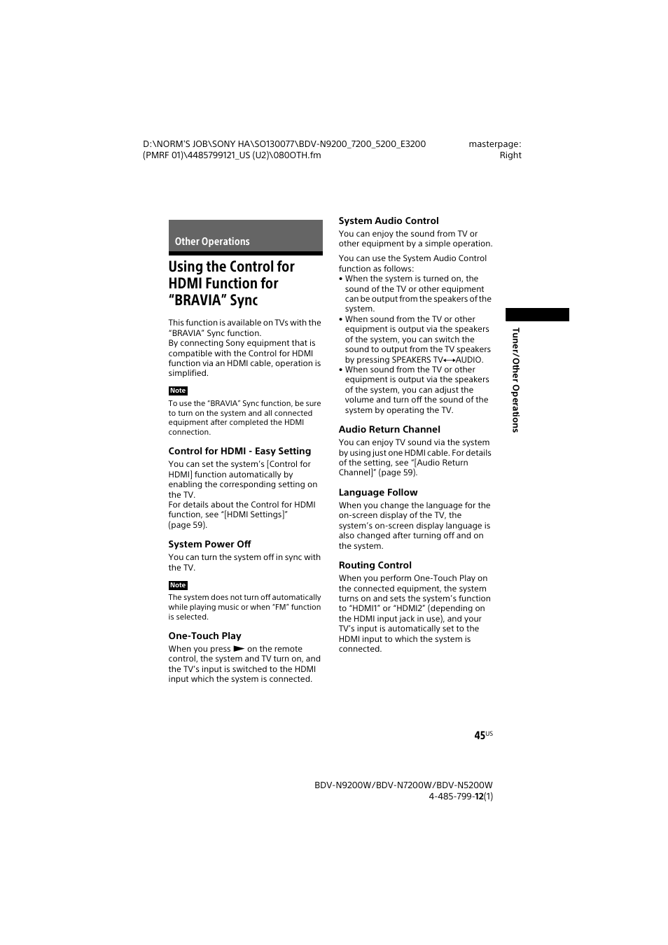 Other operations, Using the control for hdmi, Function for “bravia” sync | Sony BDV-N7200W User Manual | Page 45 / 84