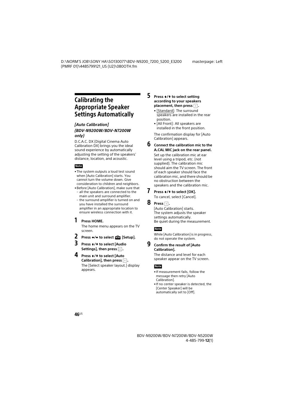 Calibrating the appropriate, Speaker settings automatically | Sony BDV-N7200W User Manual | Page 46 / 84