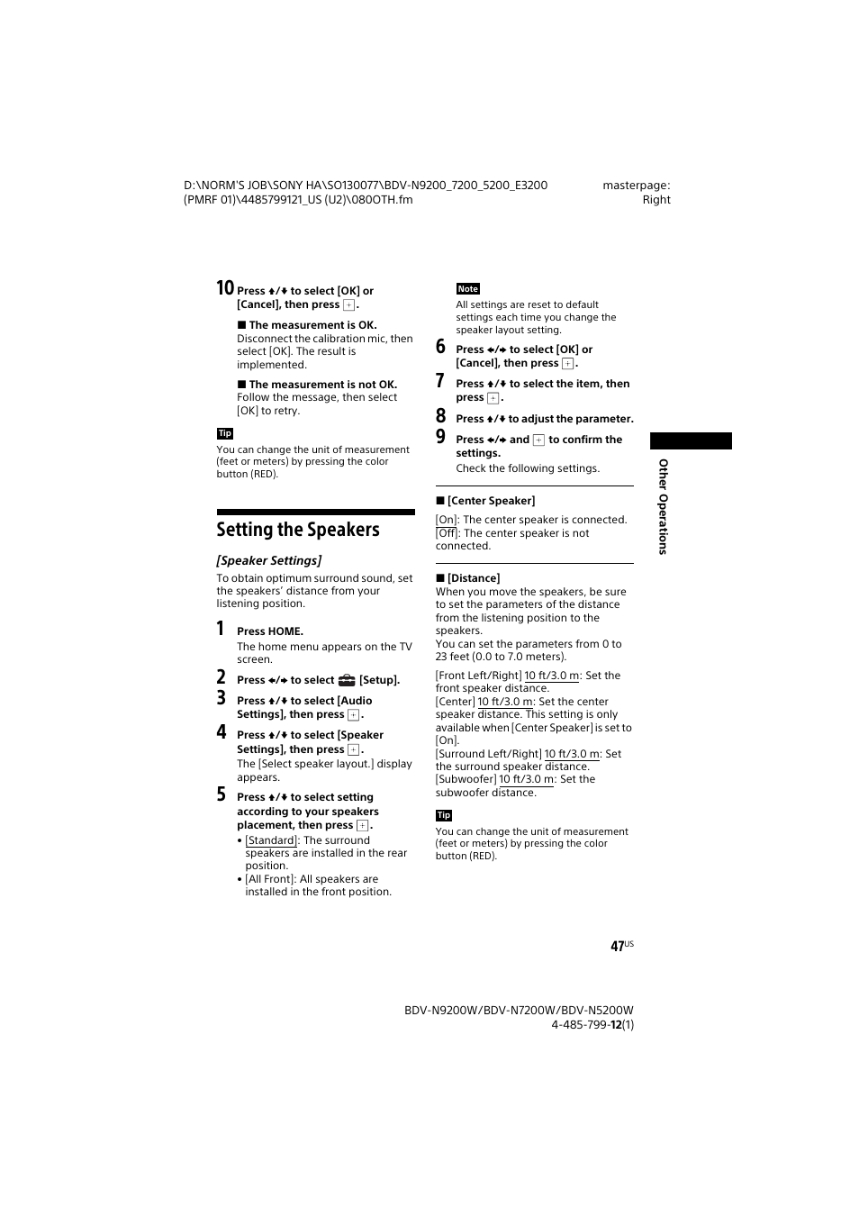 Setting the speakers | Sony BDV-N7200W User Manual | Page 47 / 84