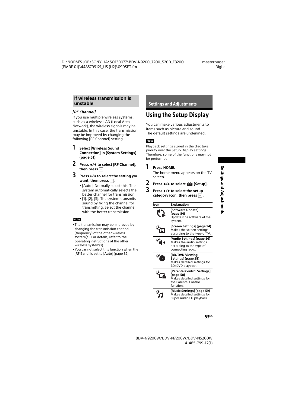 Settings and adjustments, Using the setup display | Sony BDV-N7200W User Manual | Page 53 / 84