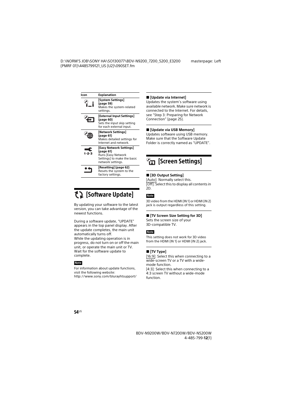 Software update, Screen settings, Software update] [screen settings | Sony BDV-N7200W User Manual | Page 54 / 84