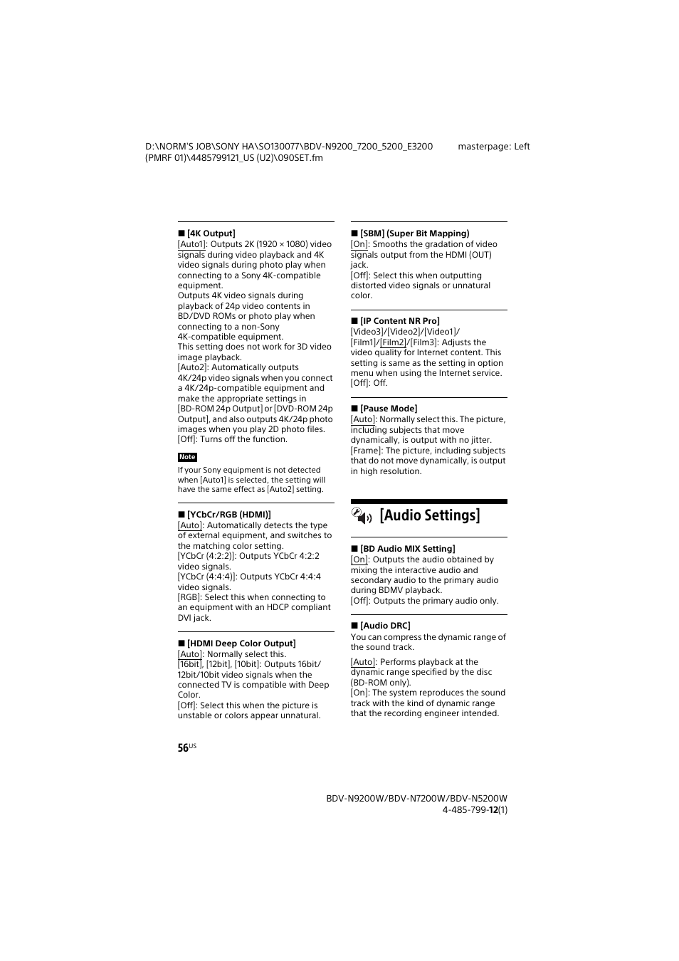 Audio settings | Sony BDV-N7200W User Manual | Page 56 / 84