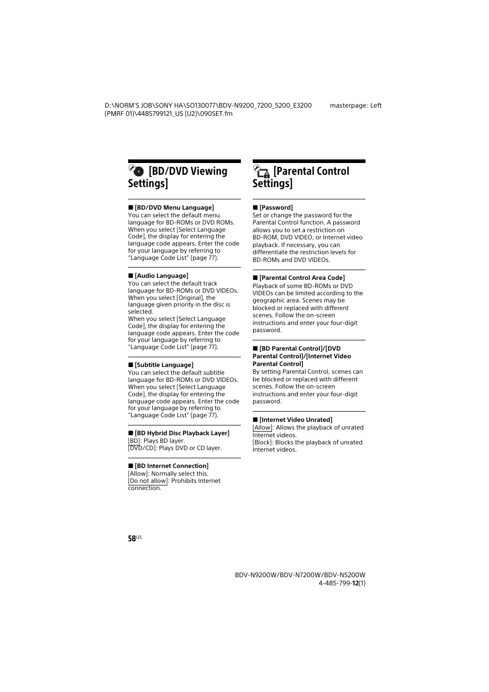Bd/dvd viewing settings, Parental control settings | Sony BDV-N7200W User Manual | Page 58 / 84