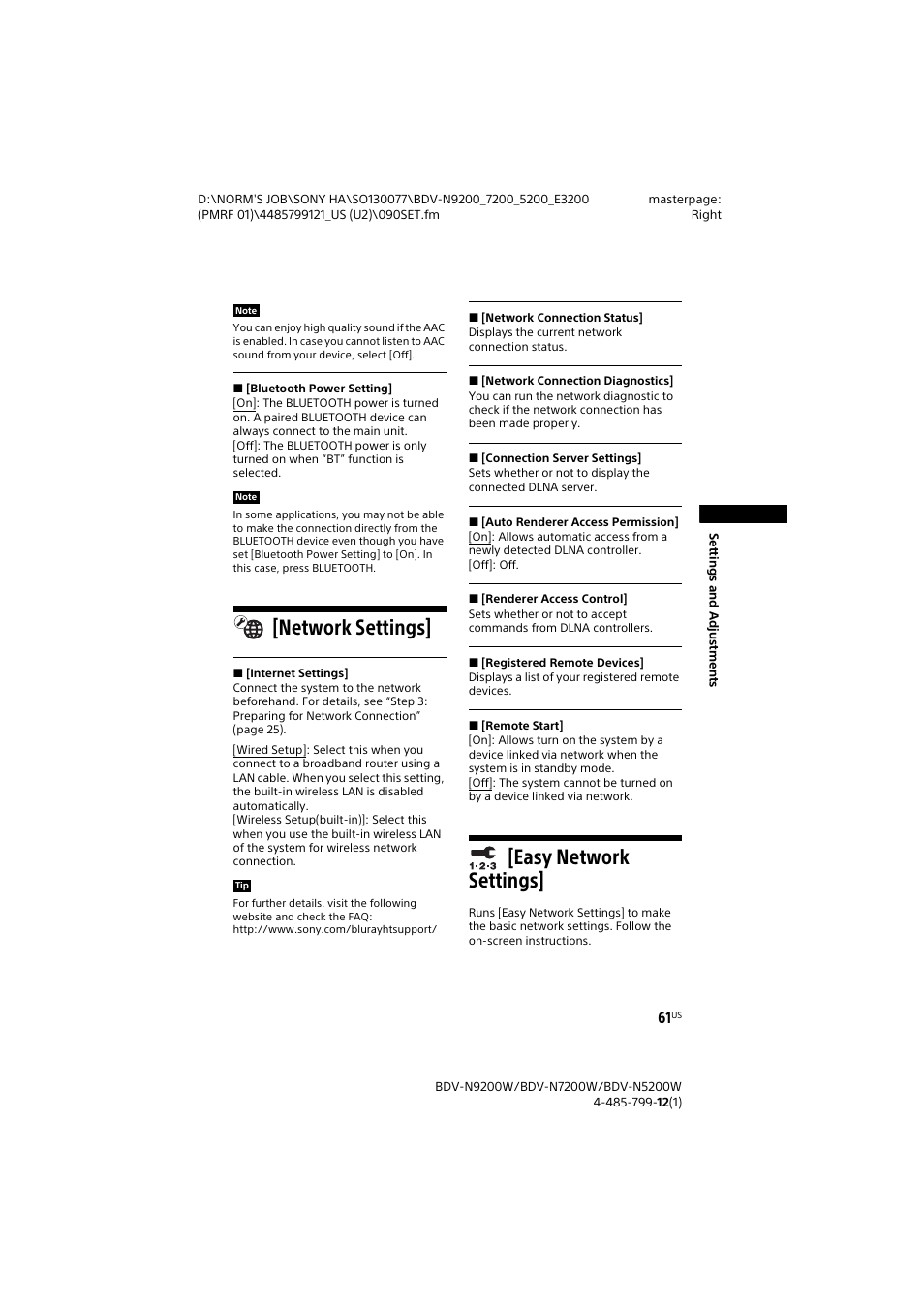 Network settings, Easy network settings, Network settings] [easy network settings | Sony BDV-N7200W User Manual | Page 61 / 84