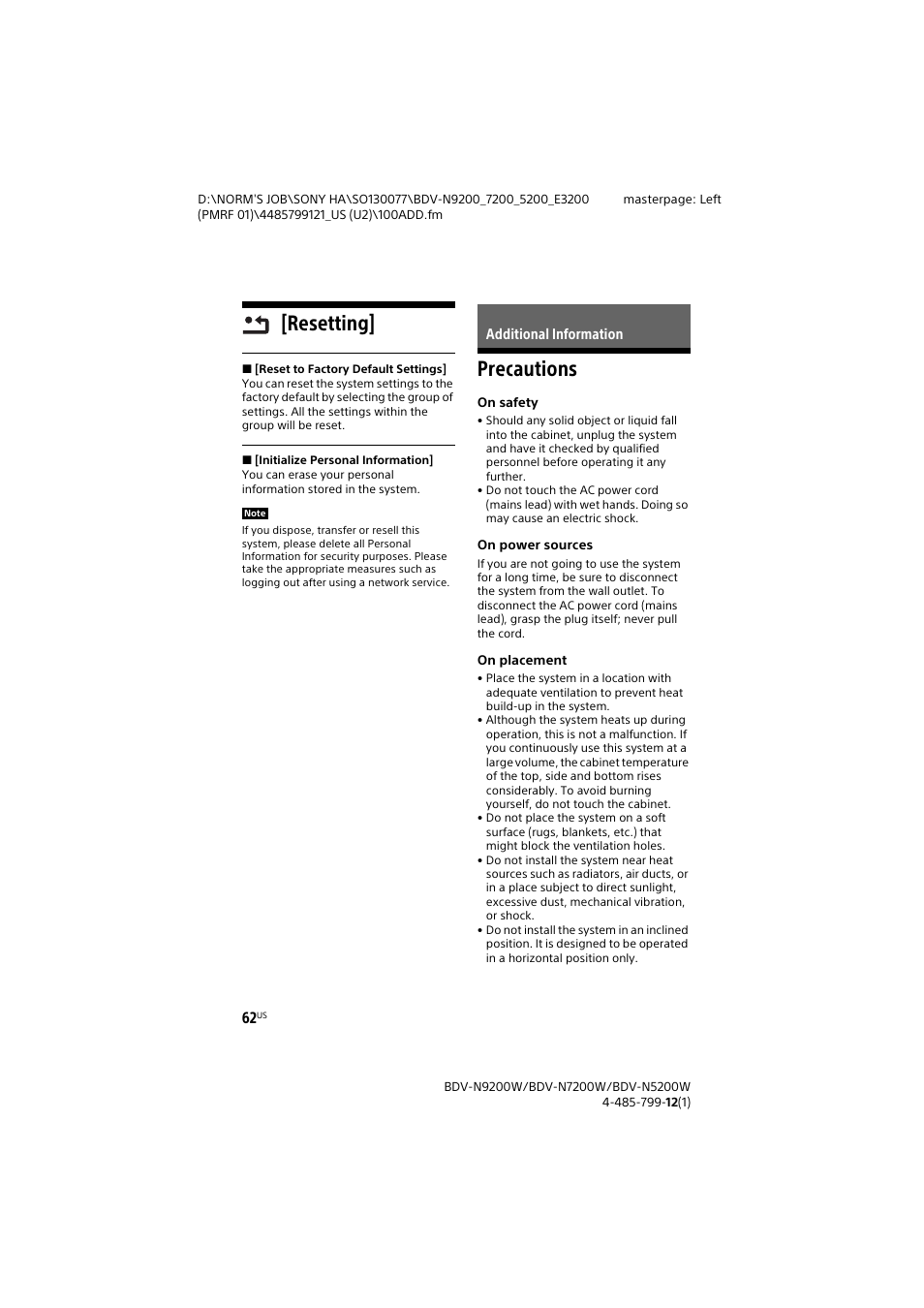 Resetting, Additional information, Precautions | Sony BDV-N7200W User Manual | Page 62 / 84