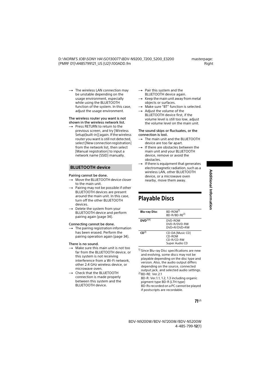 Playable discs, Bluetooth device | Sony BDV-N7200W User Manual | Page 71 / 84