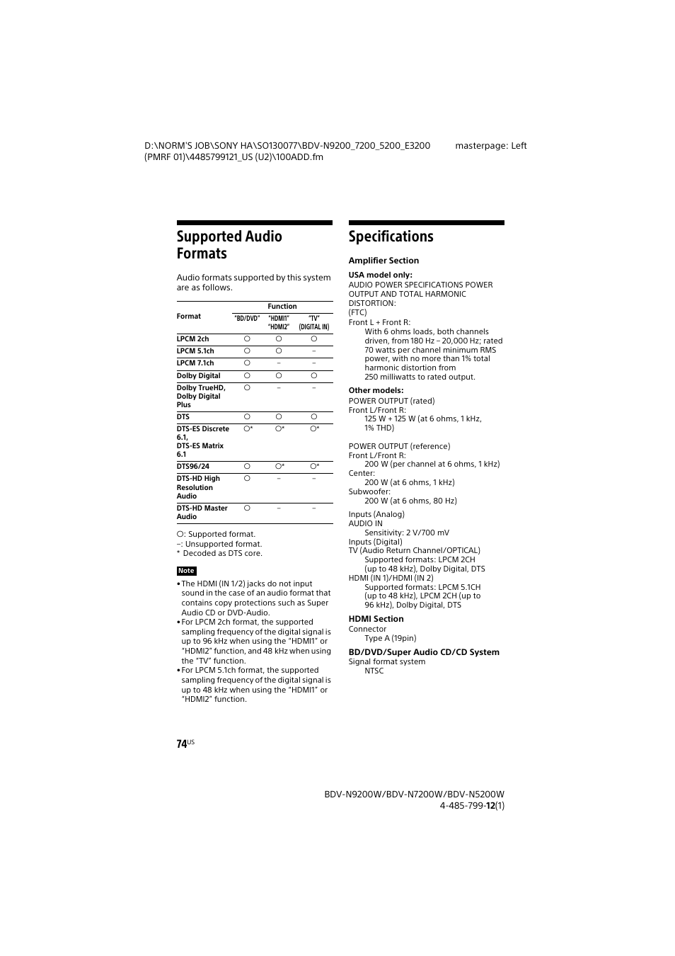 Supported audio formats, Specifications, Supported audio formats specifications | Sony BDV-N7200W User Manual | Page 74 / 84