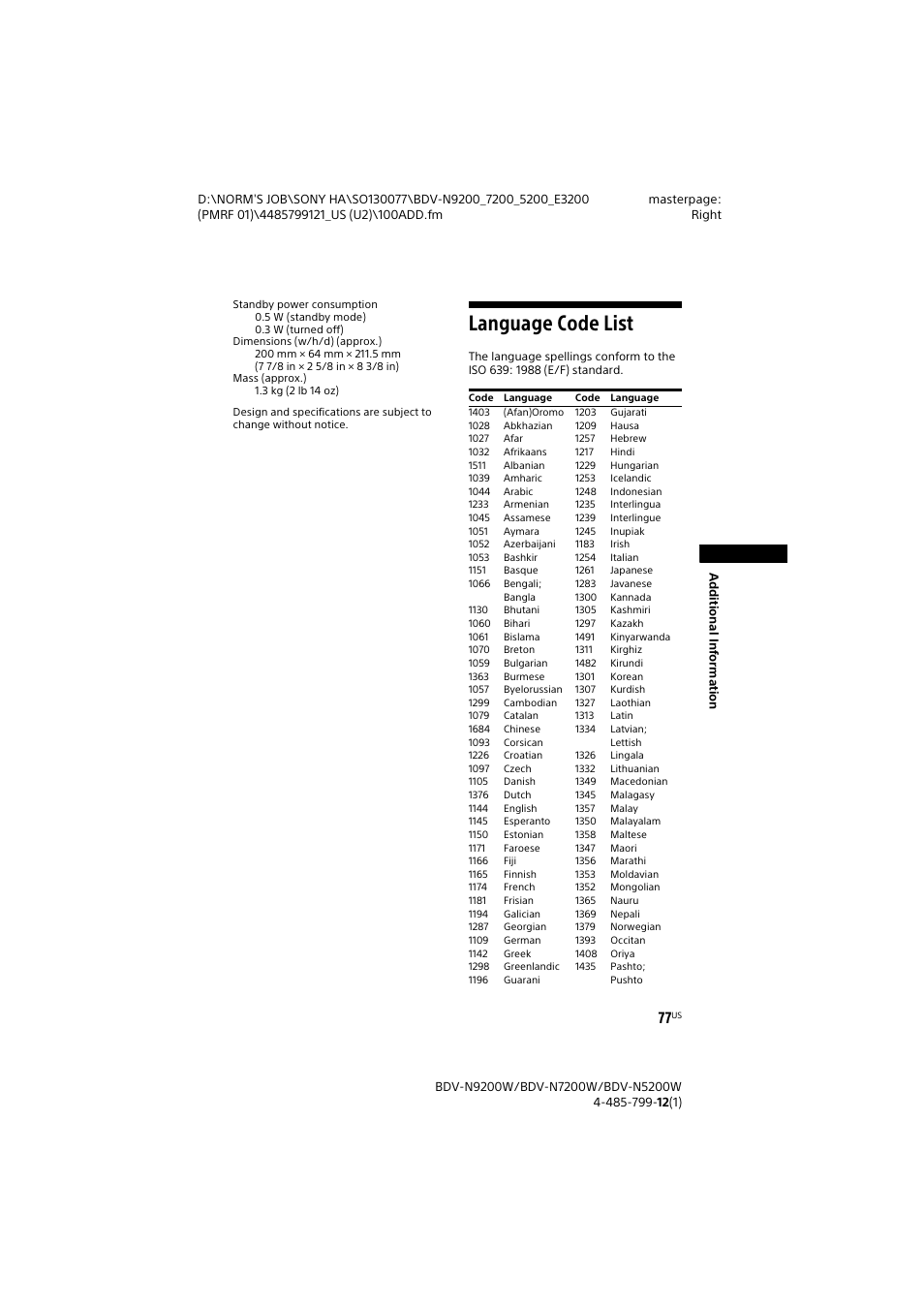 Language code list | Sony BDV-N7200W User Manual | Page 77 / 84