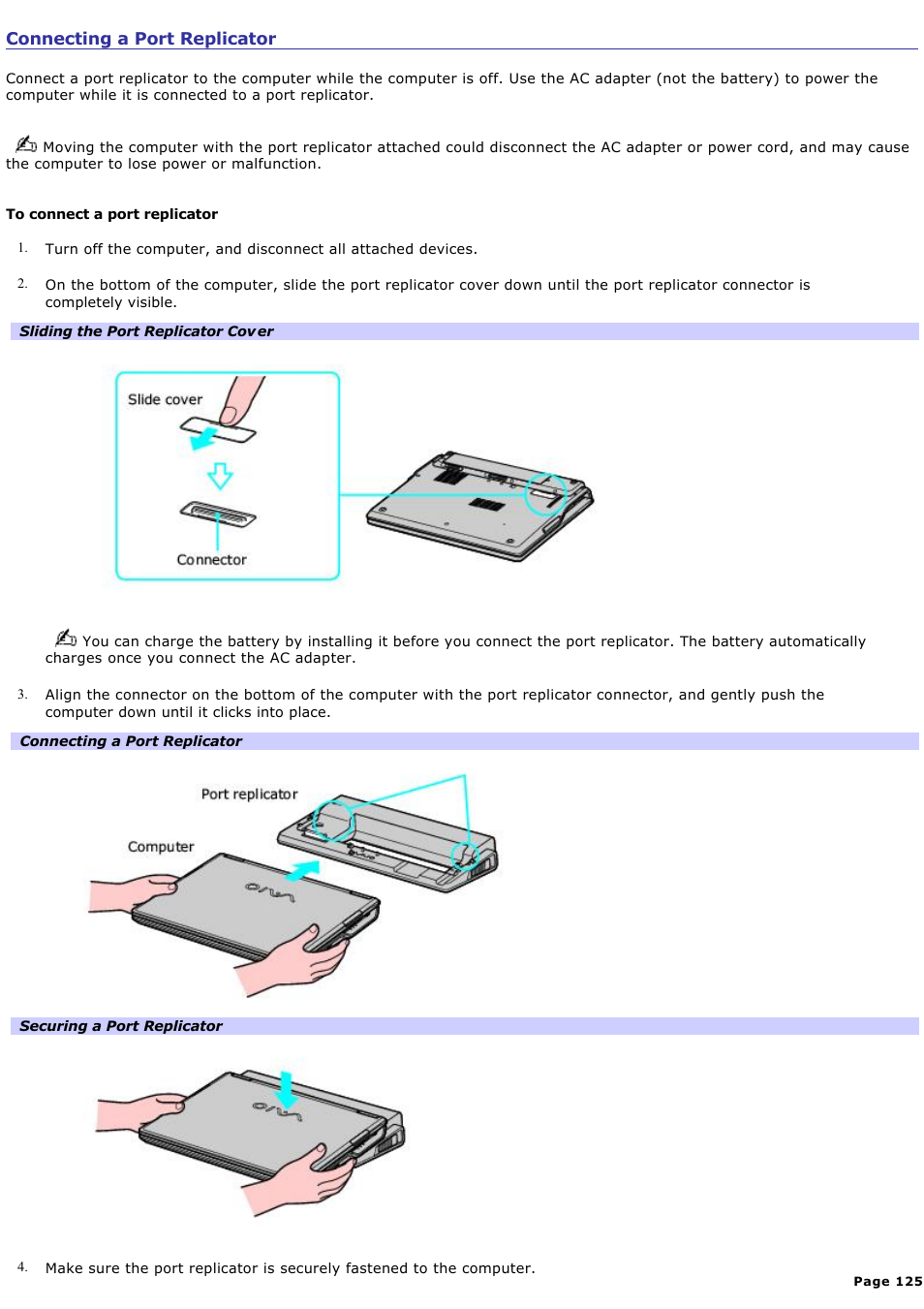 Connecting a port replicator | Sony PCG-Z1VAP User Manual | Page 125 / 170