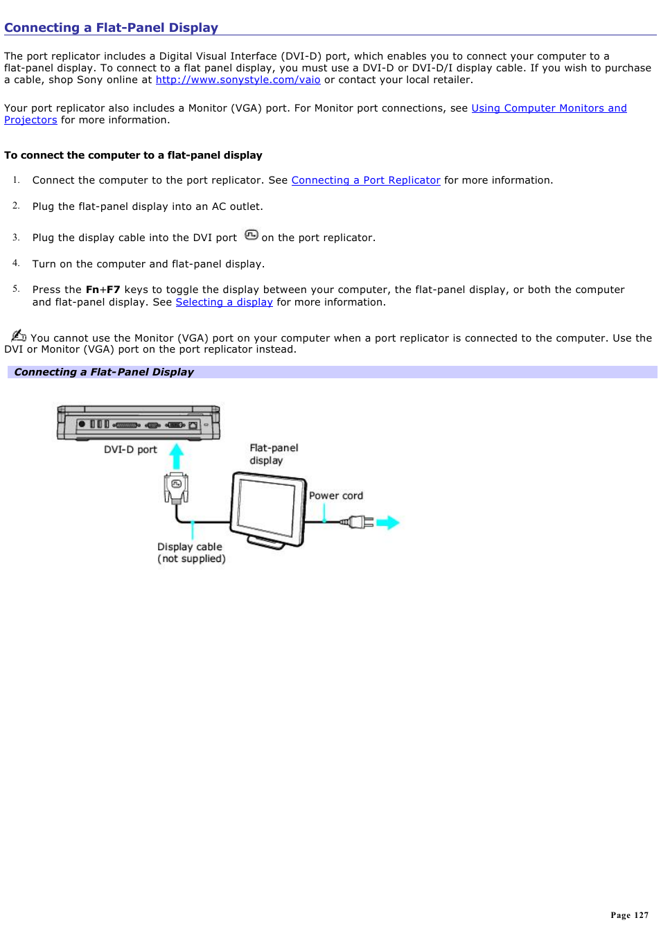 Connecting a flat-panel display | Sony PCG-Z1VAP User Manual | Page 127 / 170