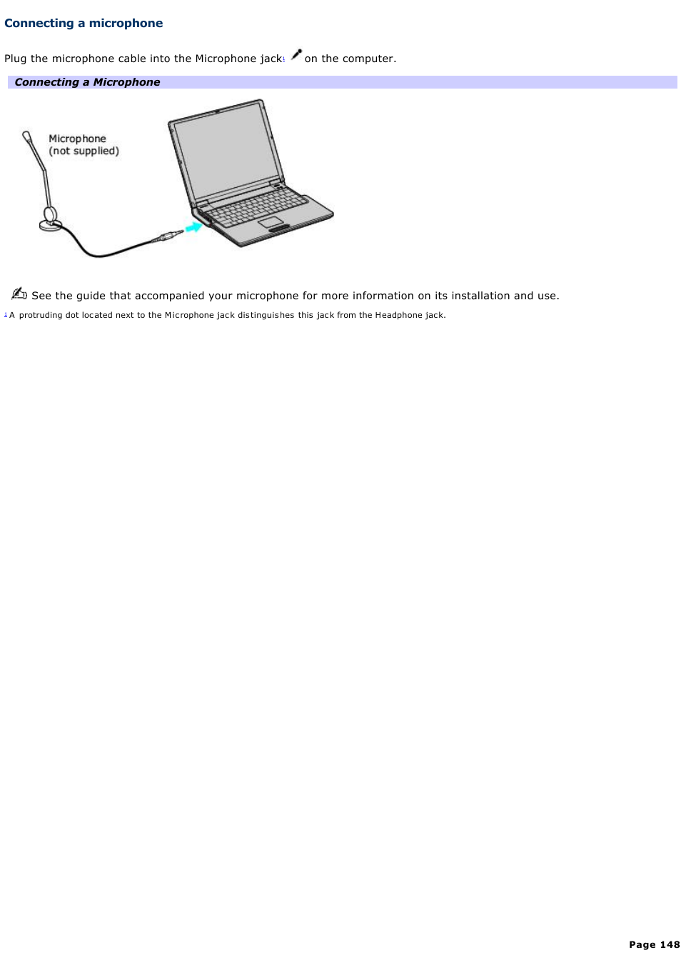 Connecting a microphone | Sony PCG-Z1VAP User Manual | Page 148 / 170