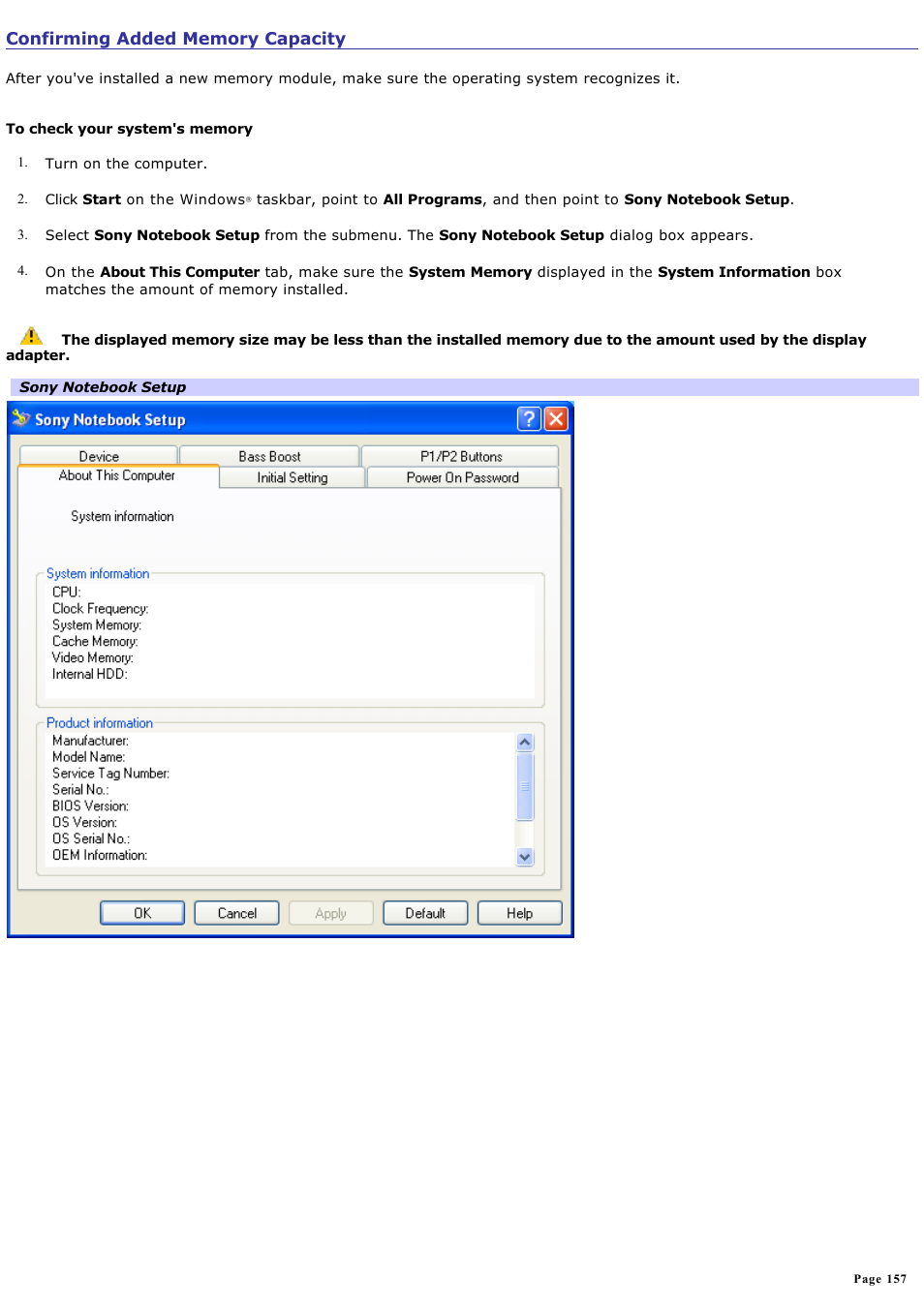 Confirming added memory capacity | Sony PCG-Z1VAP User Manual | Page 157 / 170