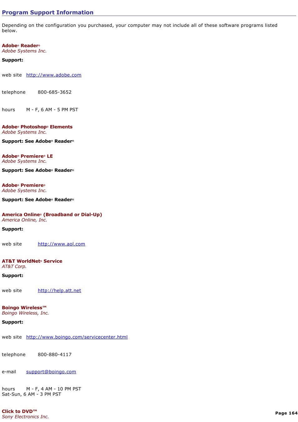 Program support information | Sony PCG-Z1VAP User Manual | Page 164 / 170