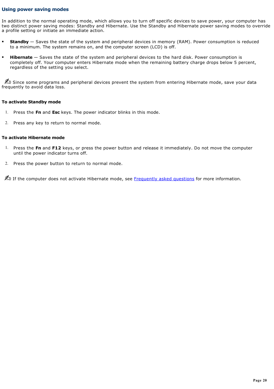 Using power saving modes | Sony PCG-Z1VAP User Manual | Page 20 / 170