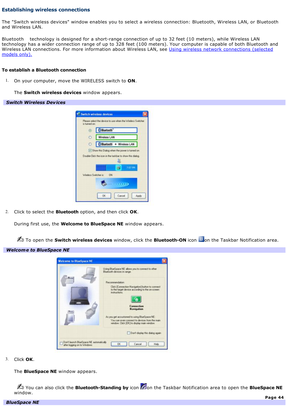 Establishing wireless connections | Sony PCG-Z1VAP User Manual | Page 44 / 170