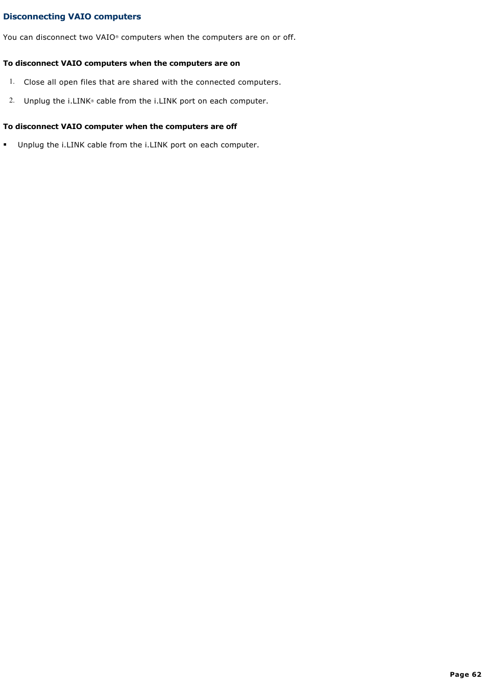 Disconnecting vaio computers | Sony PCG-Z1VAP User Manual | Page 62 / 170