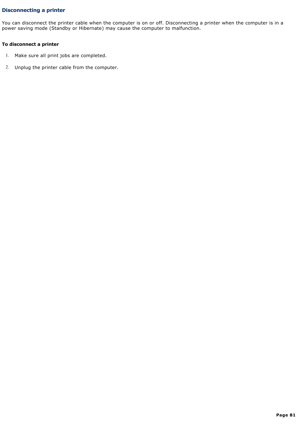 Disconnecting a printer | Sony PCG-Z1VAP User Manual | Page 81 / 170