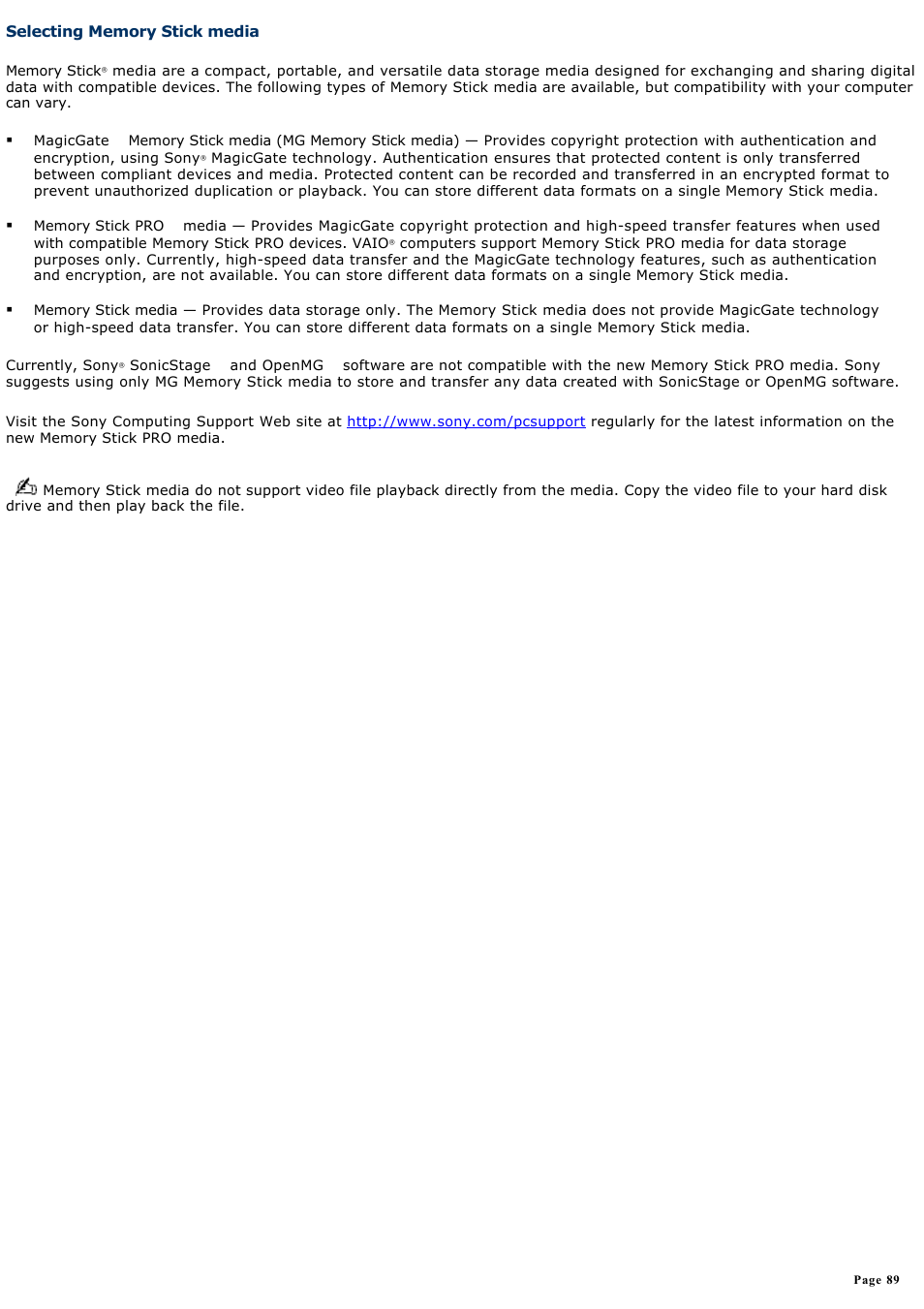 Selecting memory stick media | Sony PCG-Z1VAP User Manual | Page 89 / 170