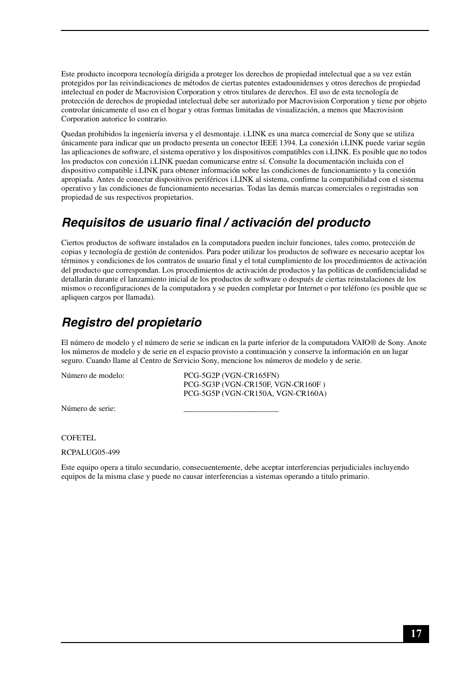 Registro del propietario | Sony VGN-CR140N User Manual | Page 17 / 28