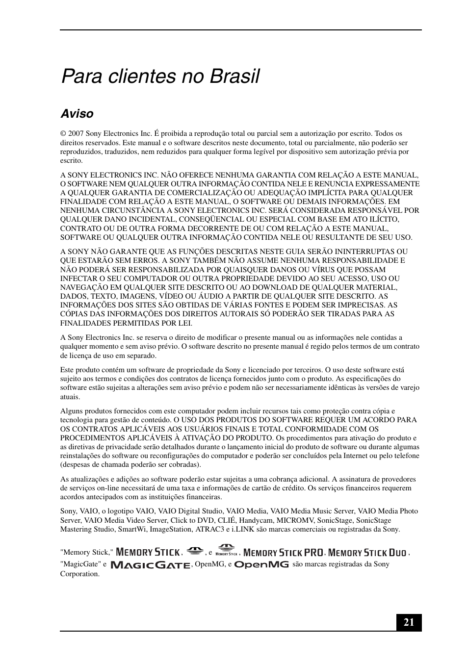 Para clientes no brasil, Aviso | Sony VGN-CR140N User Manual | Page 21 / 28