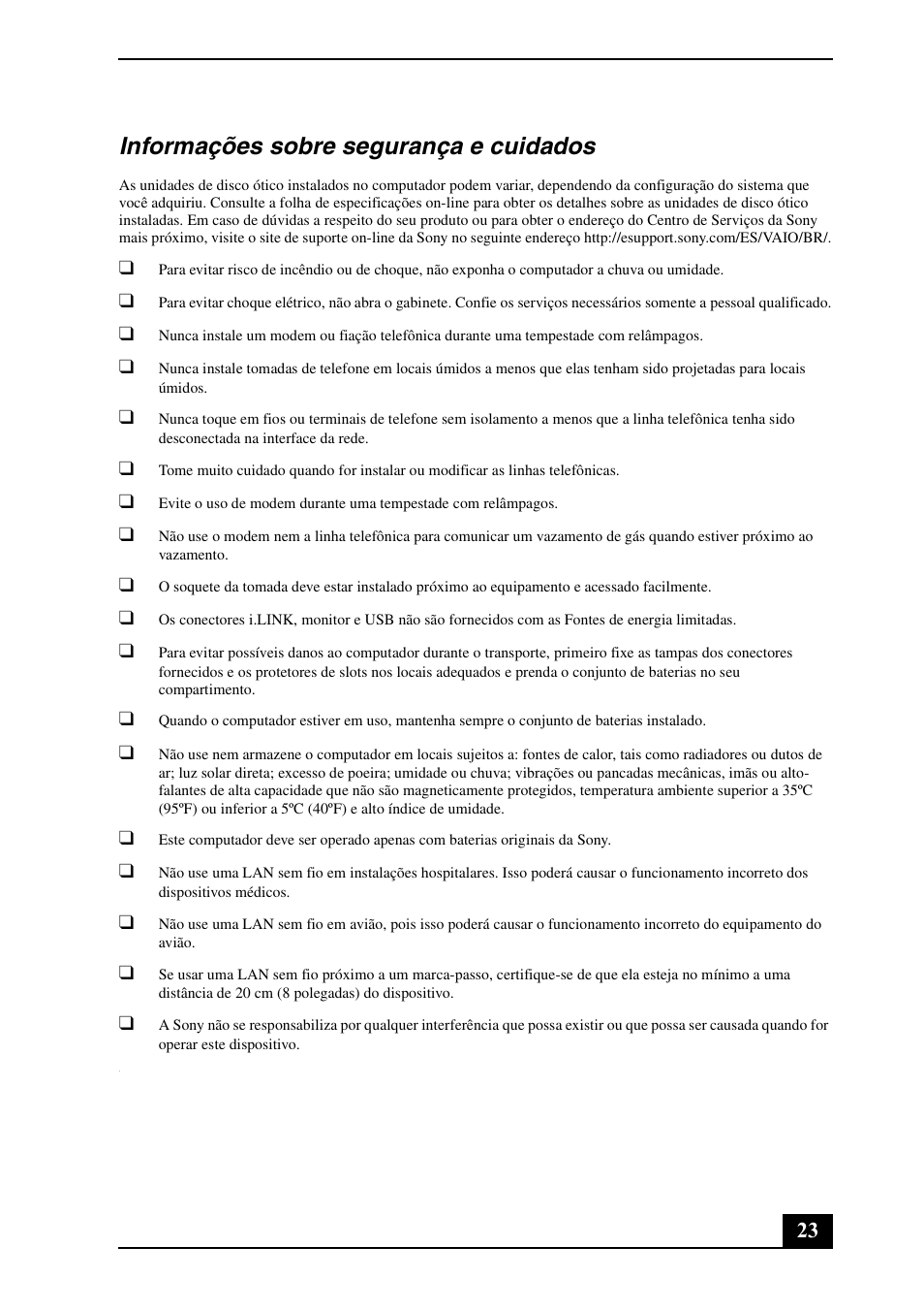 Informações sobre segurança e cuidados | Sony VGN-CR140N User Manual | Page 23 / 28