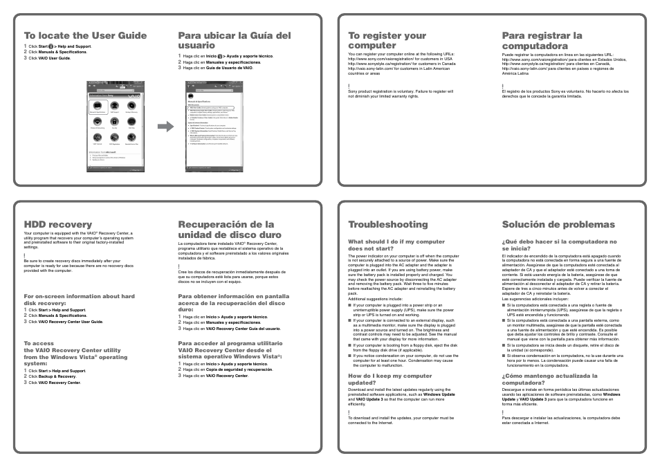 Para registrar la computadora, Para ubicar la guía del usuario, Hdd recovery | Recuperación de la unidad de disco duro, Troubleshooting, Solución de problemas | Sony VGN-BZ569P User Manual | Page 2 / 2