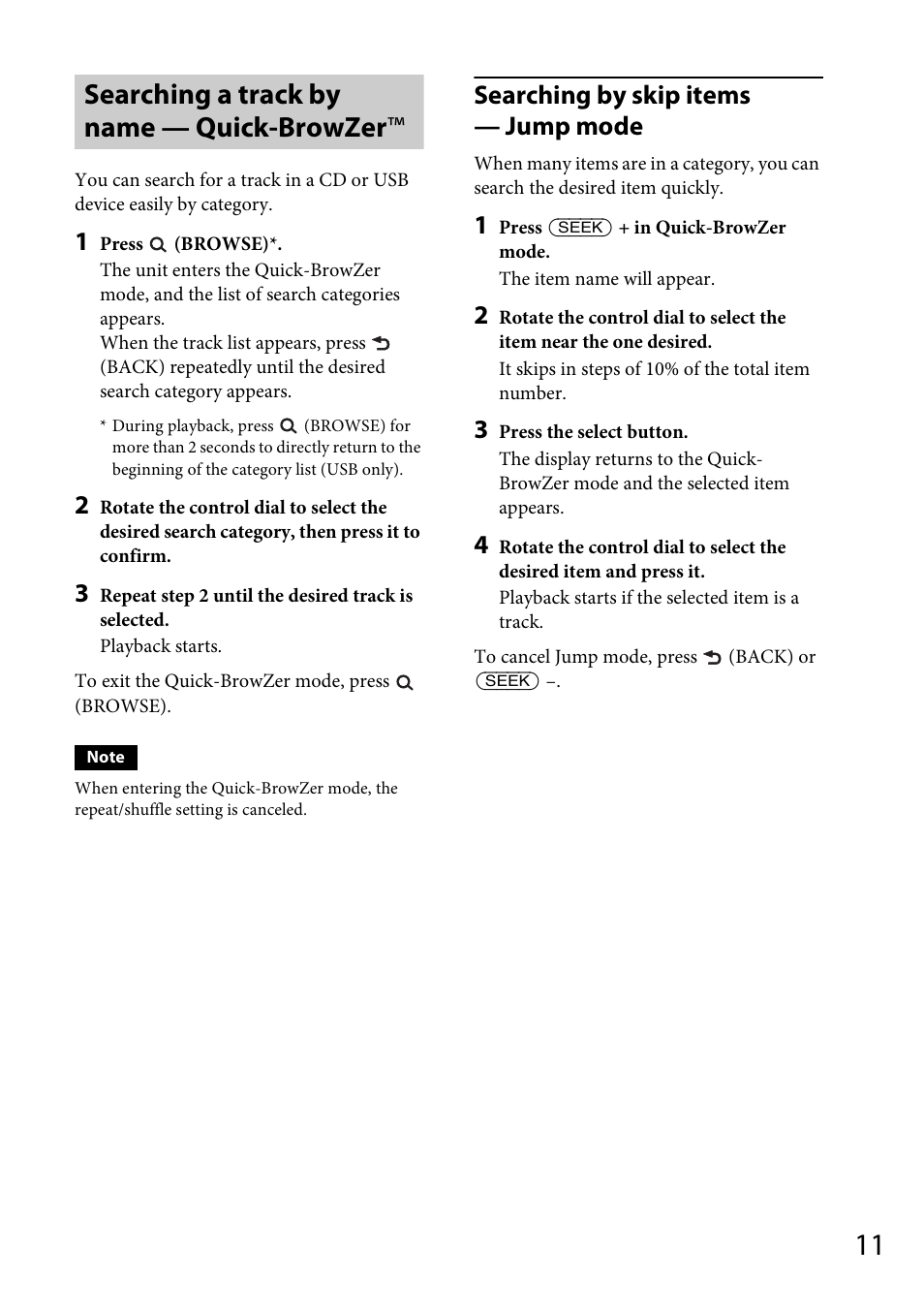Searching a track by name — quick-browzer, Searching by skip items — jump mode | Sony CXS-GT4016F User Manual | Page 11 / 48