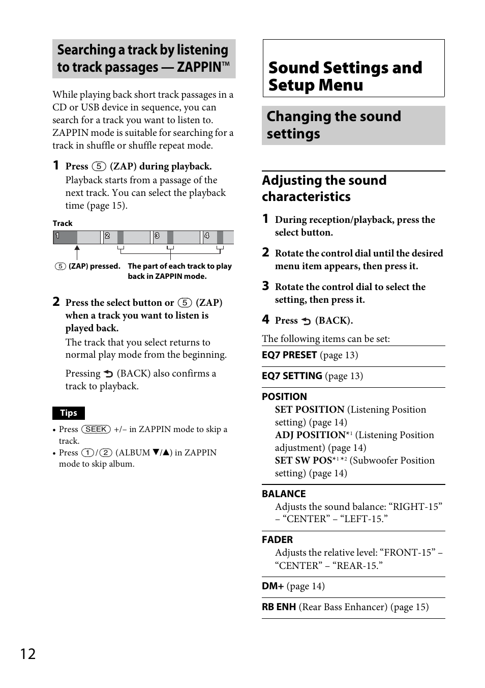 Sound settings and setup menu, Changing the sound settings, Adjusting the sound characteristics 1 | Sony CXS-GT4016F User Manual | Page 12 / 48