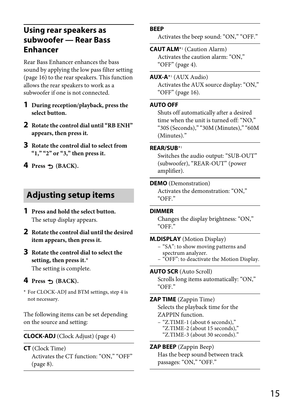 Adjusting setup items | Sony CXS-GT4016F User Manual | Page 15 / 48