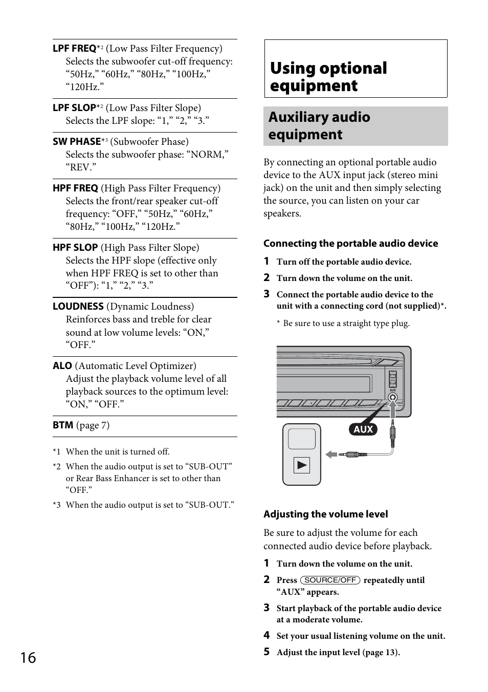 Using optional equipment, Auxiliary audio equipment | Sony CXS-GT4016F User Manual | Page 16 / 48