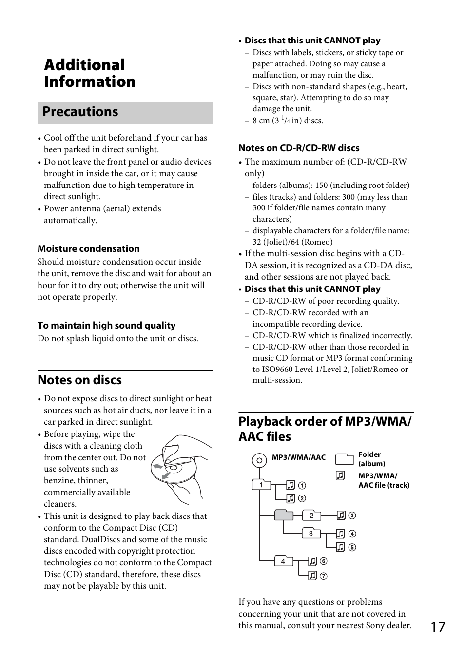 Additional information, Precautions, Playback order of mp3/wma/ aac files | Sony CXS-GT4016F User Manual | Page 17 / 48