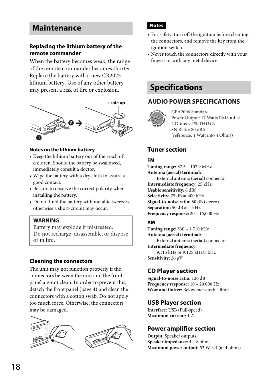 Maintenance, Specifications, Maintenance specifications | Audio power specifications | Sony CXS-GT4016F User Manual | Page 18 / 48