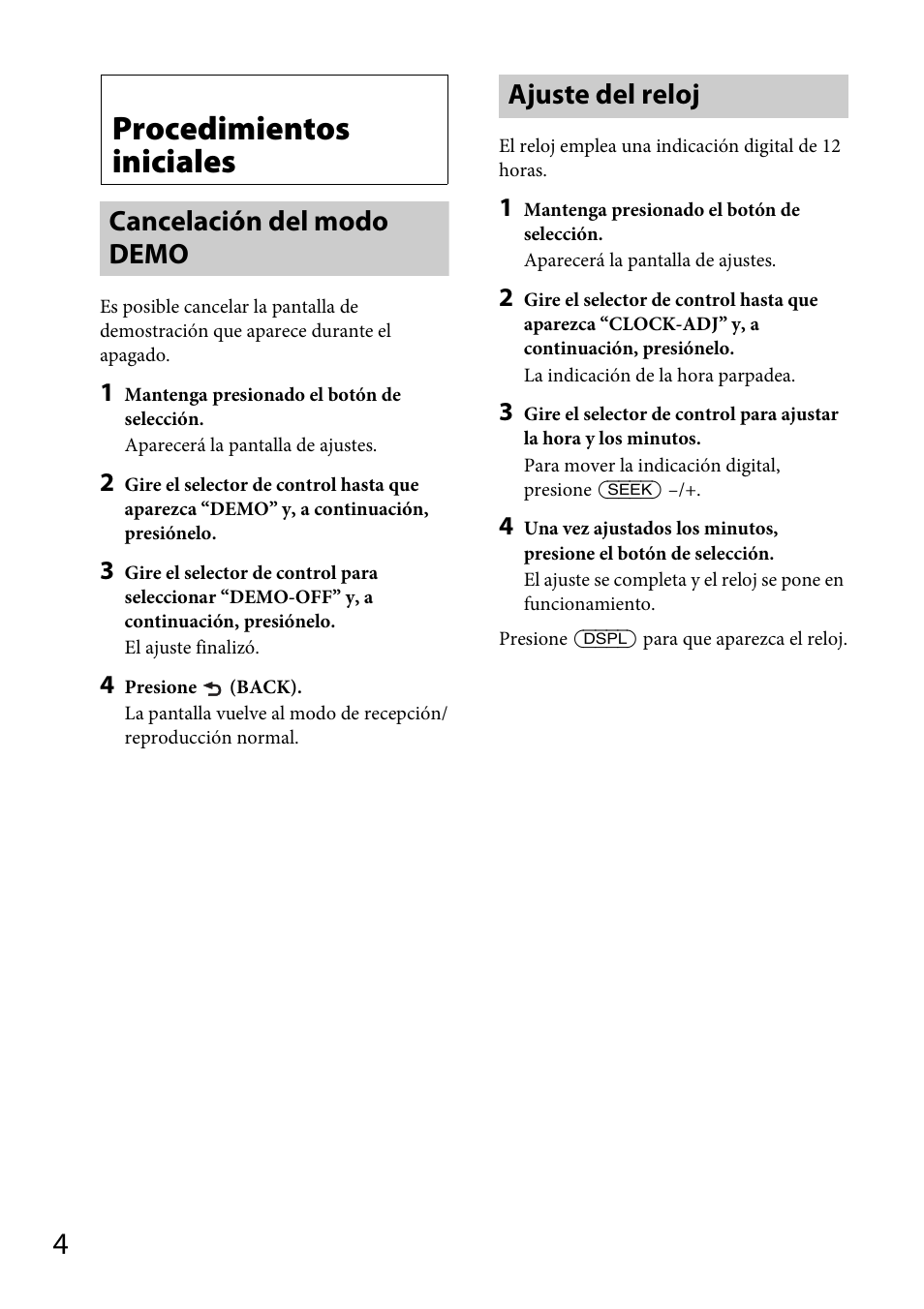 Procedimientos iniciales, Cancelación del modo demo, Ajuste del reloj | Cancelación del modo demo ajuste del reloj | Sony CXS-GT4016F User Manual | Page 24 / 48