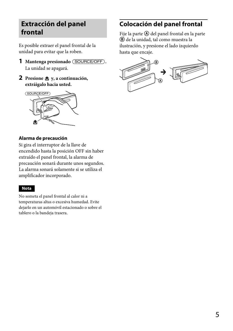 Extracción del panel frontal, Colocación del panel frontal | Sony CXS-GT4016F User Manual | Page 25 / 48