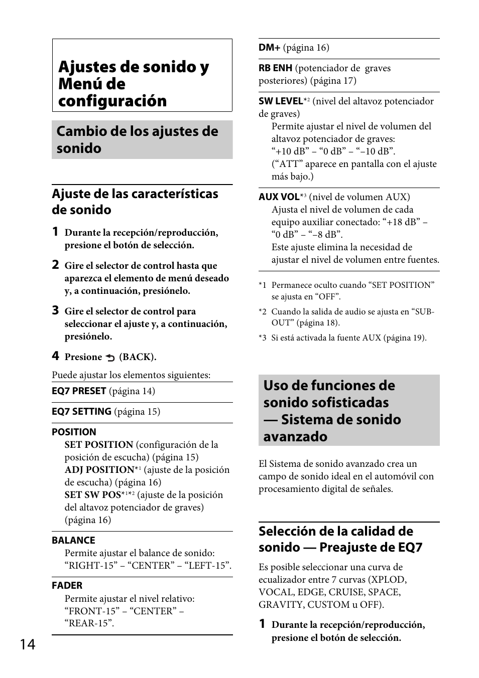 Ajustes de sonido y menú de configuración, Cambio de los ajustes de sonido, Ajuste de las características de sonido 1 | Sony CXS-GT4016F User Manual | Page 34 / 48