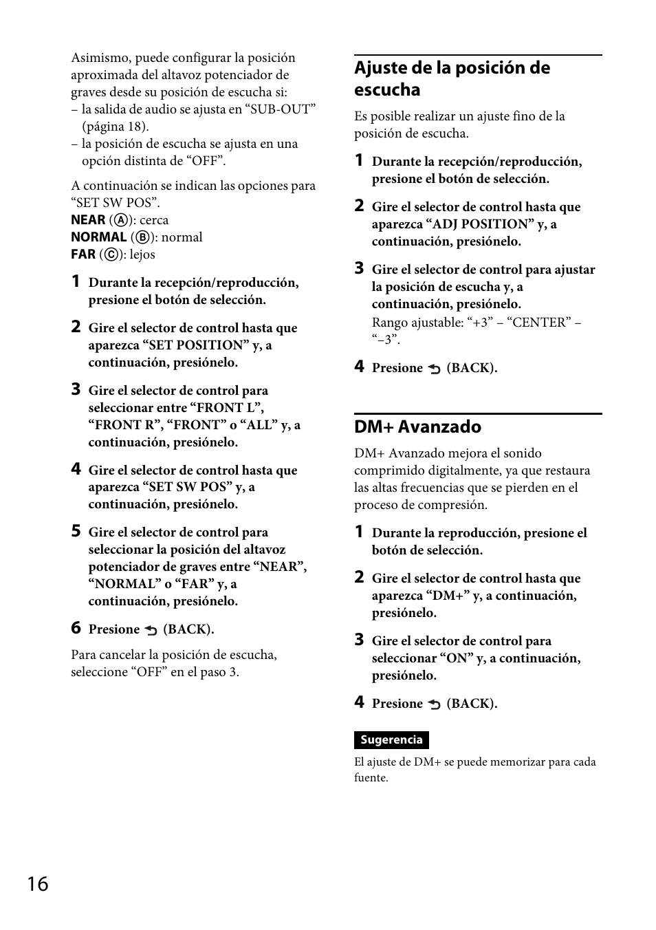 Ajuste de la posición de escucha, Dm+ avanzado | Sony CXS-GT4016F User Manual | Page 36 / 48
