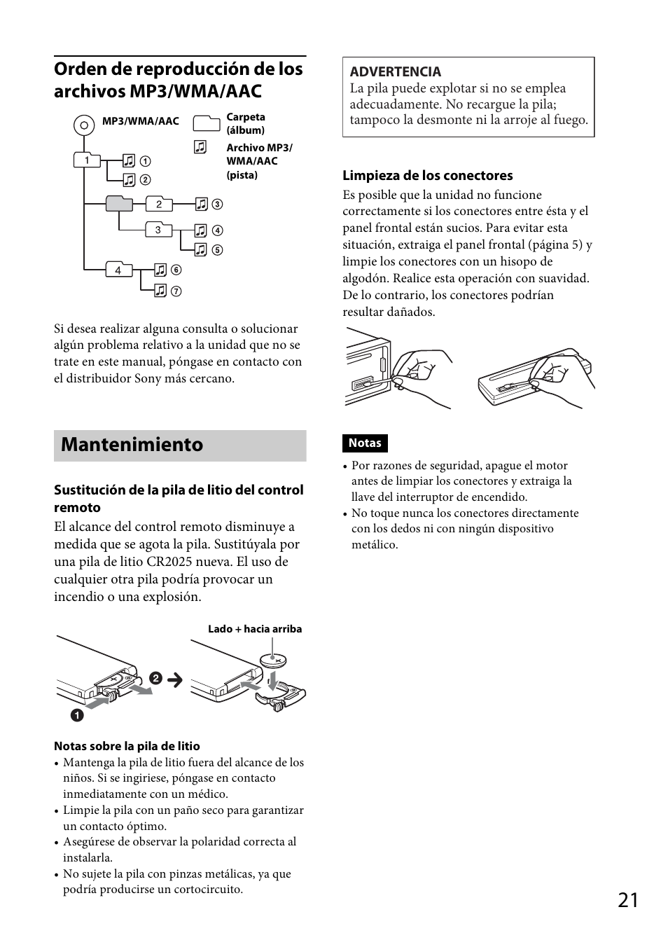 Mantenimiento, Orden de reproducción de los archivos mp3/wma/aac | Sony CXS-GT4016F User Manual | Page 41 / 48