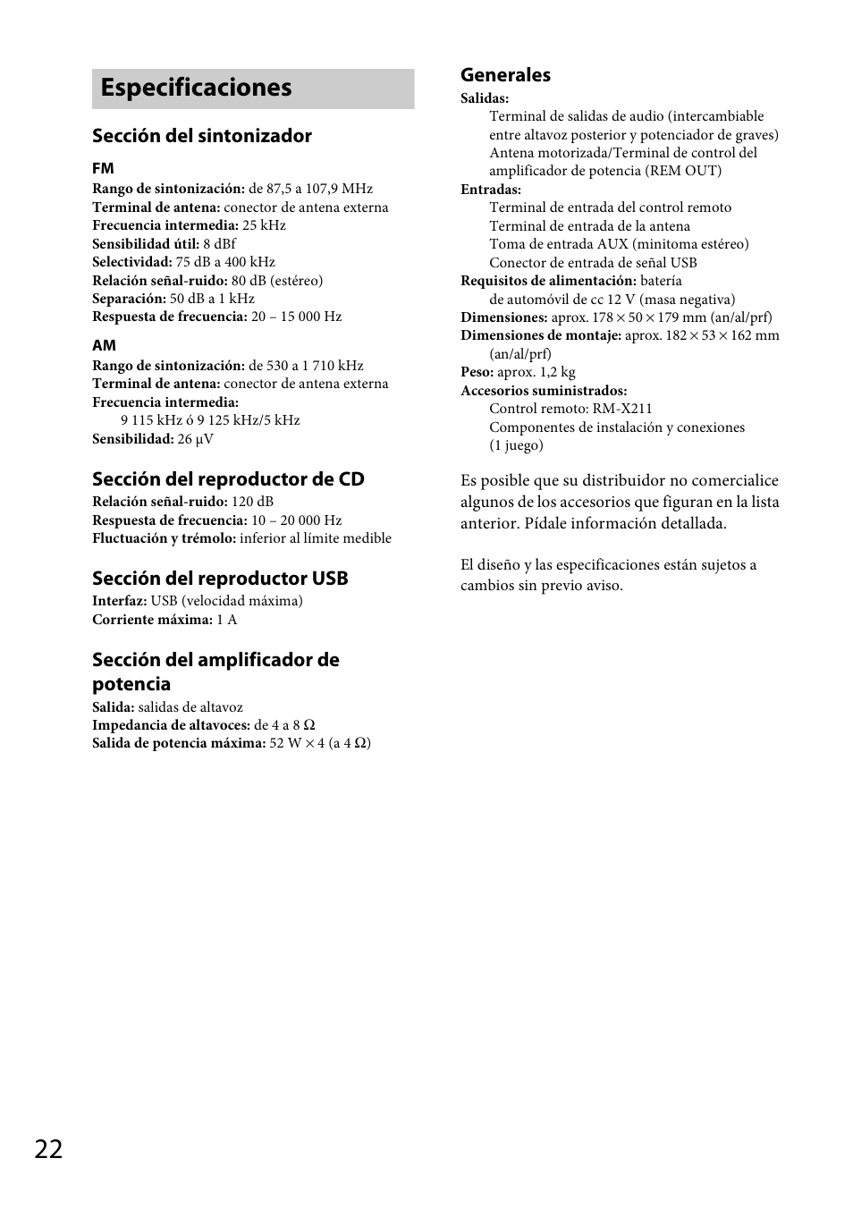 Especificaciones, Sección del sintonizador, Sección del reproductor de cd | Sección del reproductor usb, Sección del amplificador de potencia, Generales | Sony CXS-GT4016F User Manual | Page 42 / 48