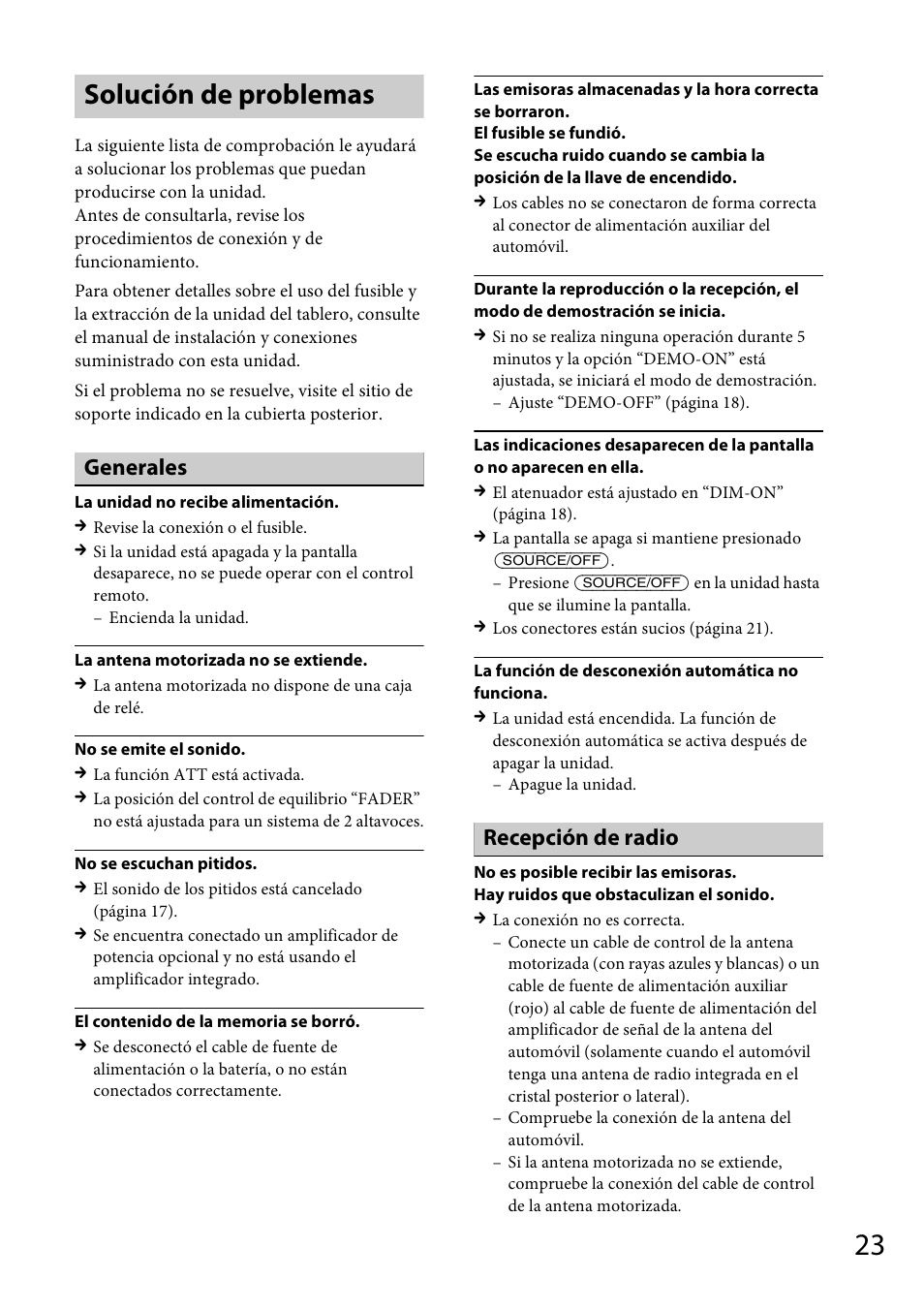 Solución de problemas, Generales, Recepción de radio | Sony CXS-GT4016F User Manual | Page 43 / 48