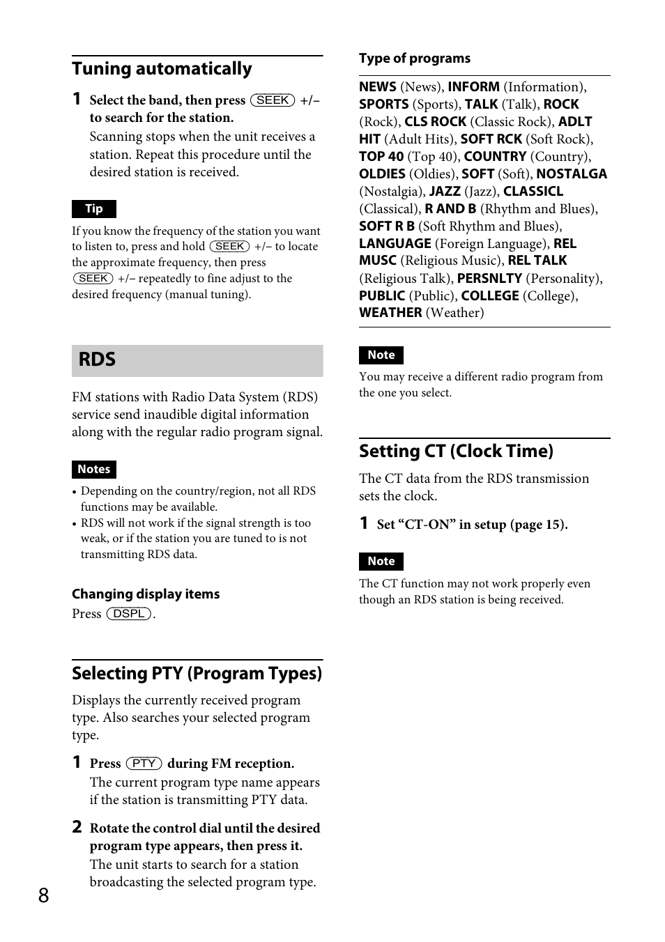 Tuning automatically 1, Selecting pty (program types), Setting ct (clock time) | Sony CXS-GT4016F User Manual | Page 8 / 48