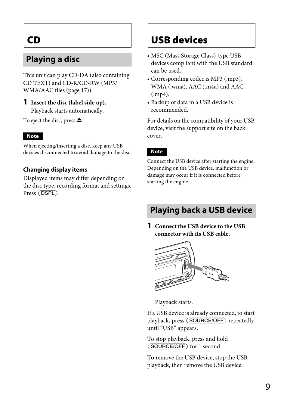 Playing a disc, Usb devices, Playing back a usb device | Sony CXS-GT4016F User Manual | Page 9 / 48