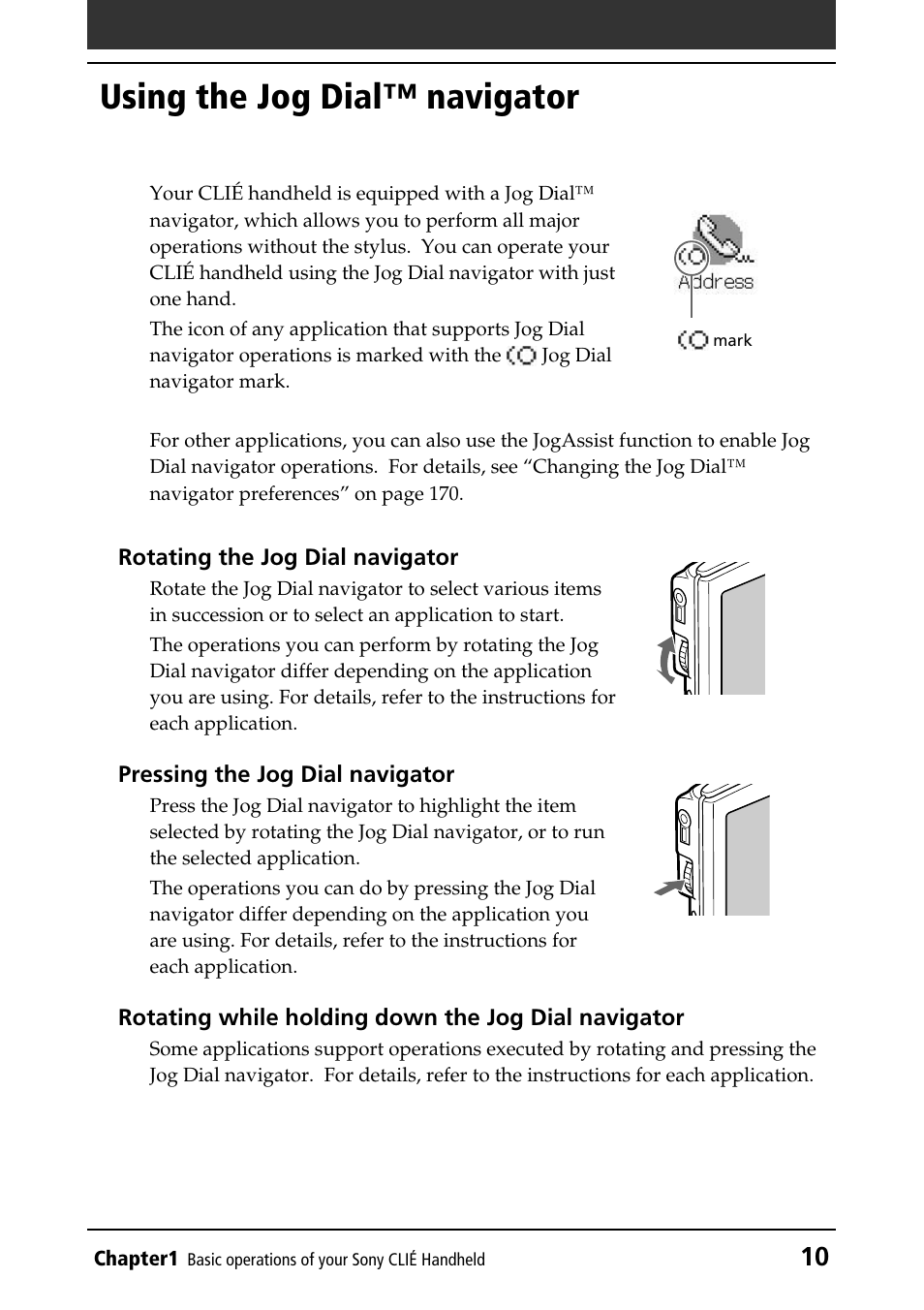 Using the jog dial™ navigator, Compatible applications, How to use (pressing/rotating) | Sony PEG-N760C User Manual | Page 10 / 232