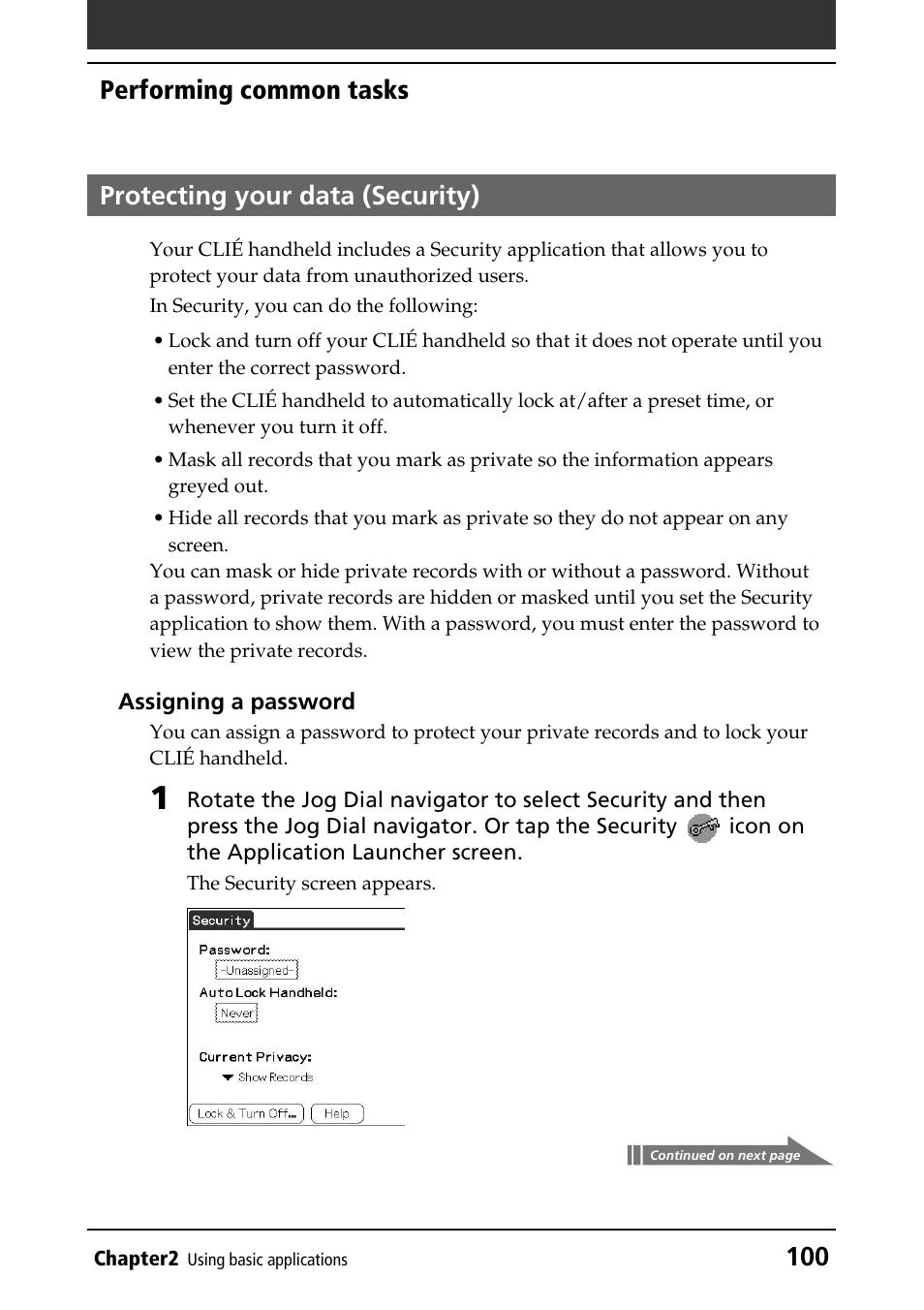 Protecting your data (security), Entering a password, Protecting data | Security | Sony PEG-N760C User Manual | Page 100 / 232