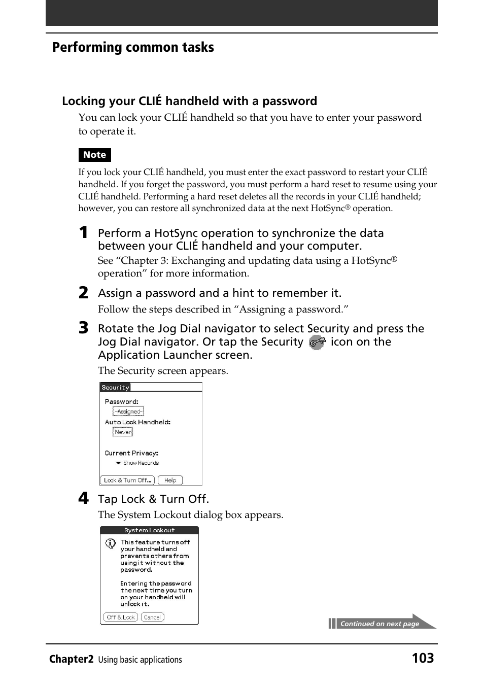 Locking your clié handheld, 103 performing common tasks | Sony PEG-N760C User Manual | Page 103 / 232