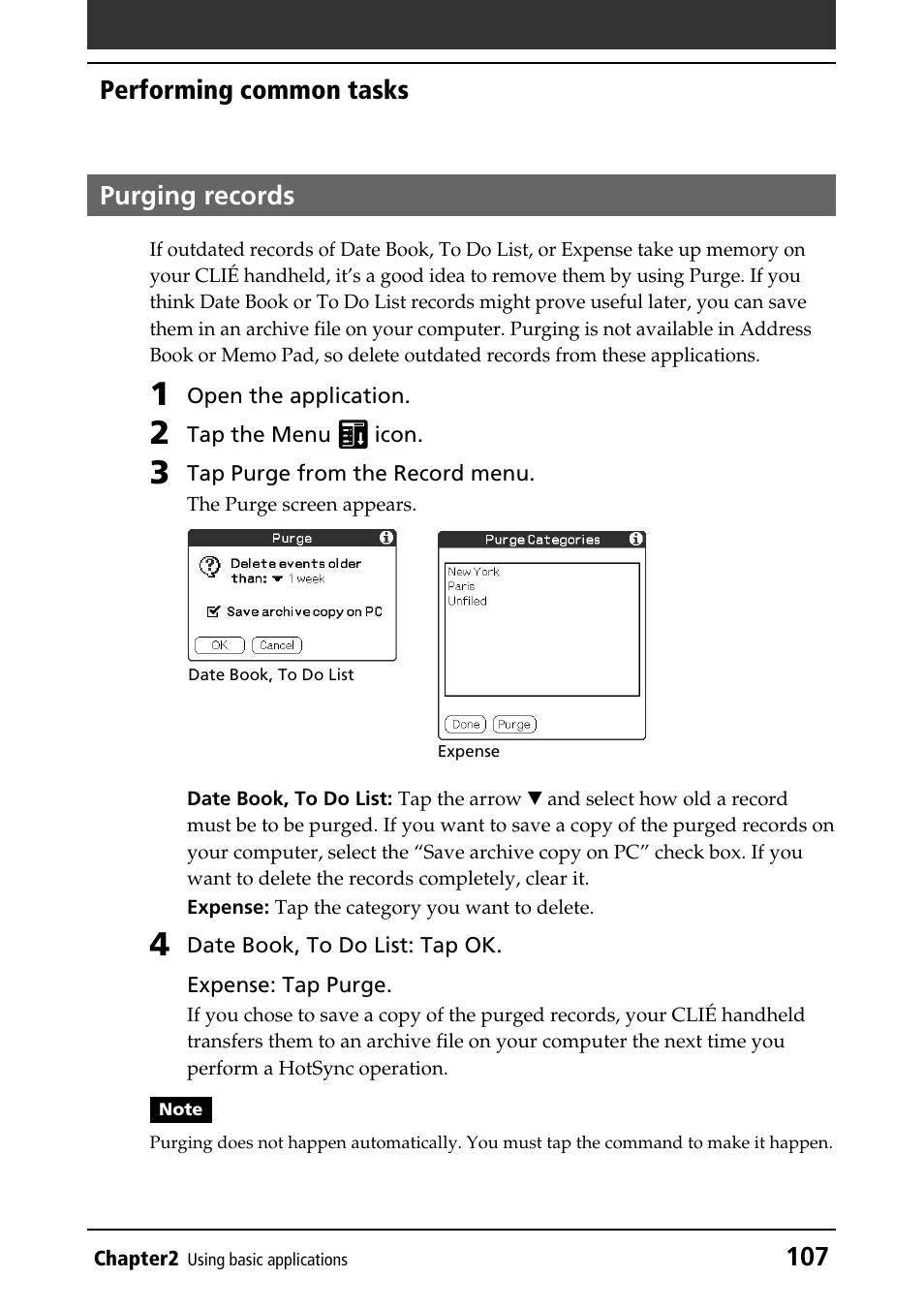 Purging records, 107 performing common tasks purging records | Sony PEG-N760C User Manual | Page 107 / 232