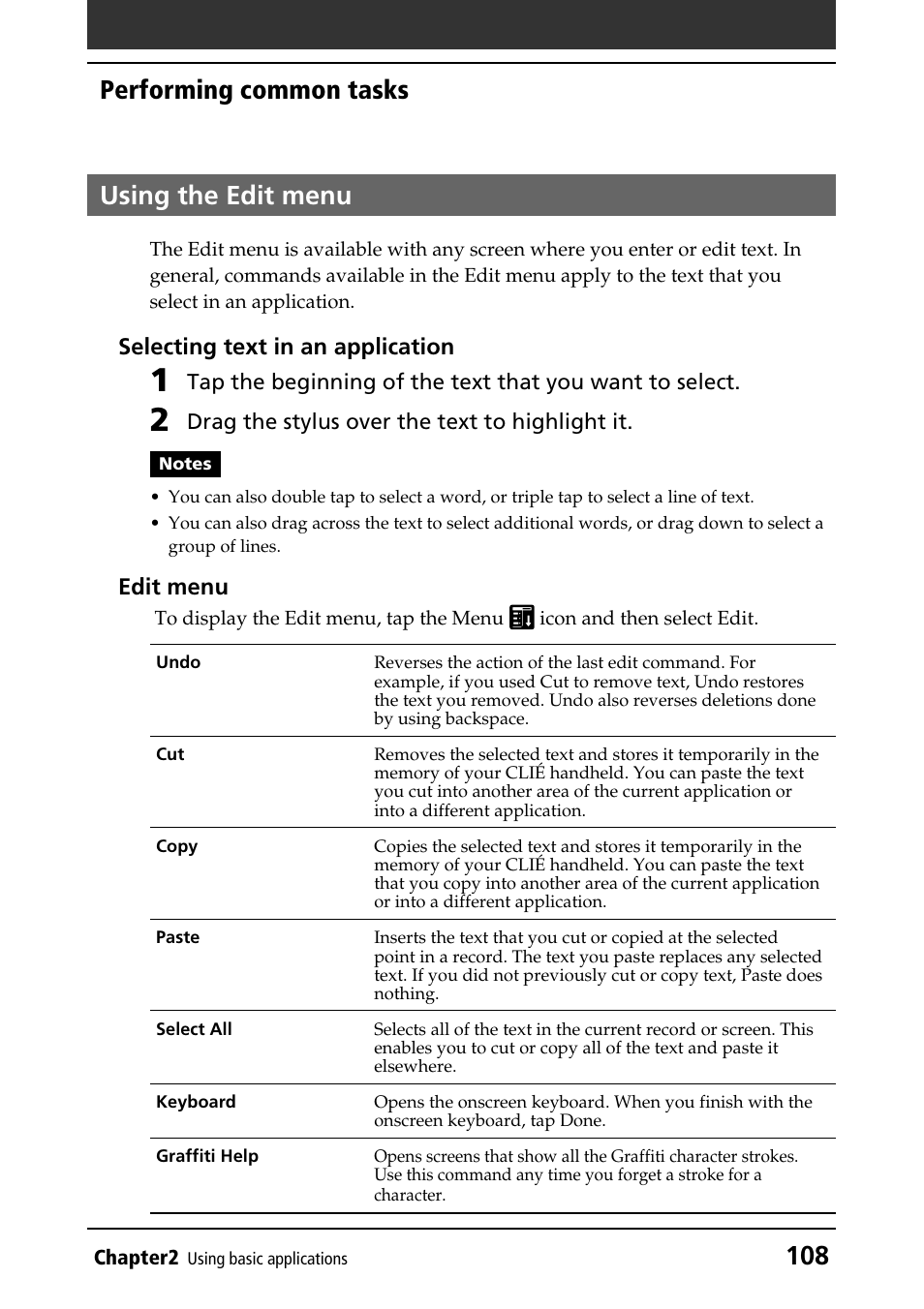 Using the edit menu, Edit menu, Selecting text in an application | 108 performing common tasks using the edit menu | Sony PEG-N760C User Manual | Page 108 / 232