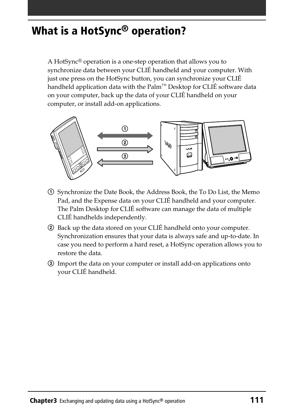 What is a hotsync® operation, Overview, What is a hotsync | Operation | Sony PEG-N760C User Manual | Page 111 / 232