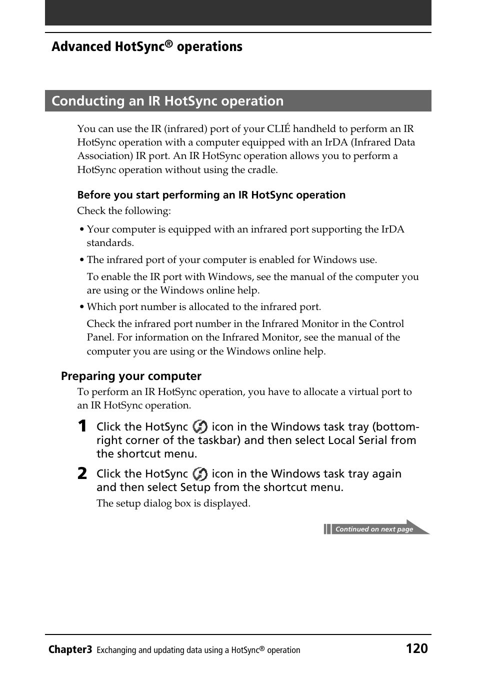 Conducting an ir hotsync operation, Via ir port, Ir port | 120 advanced hotsync, Operations conducting an ir hotsync operation | Sony PEG-N760C User Manual | Page 120 / 232