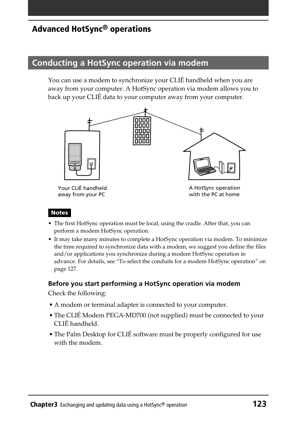 Conducting a hotsync operation via modem, Via modem, 123 advanced hotsync | Sony PEG-N760C User Manual | Page 123 / 232