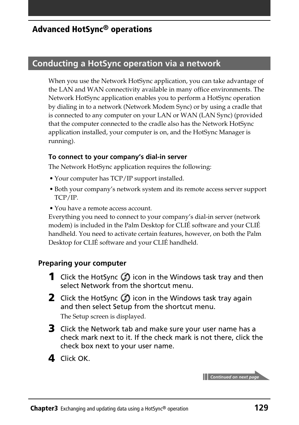 Conducting a hotsync operation via a network, Lansync, Network modem sync | Via network, 129 advanced hotsync | Sony PEG-N760C User Manual | Page 129 / 232